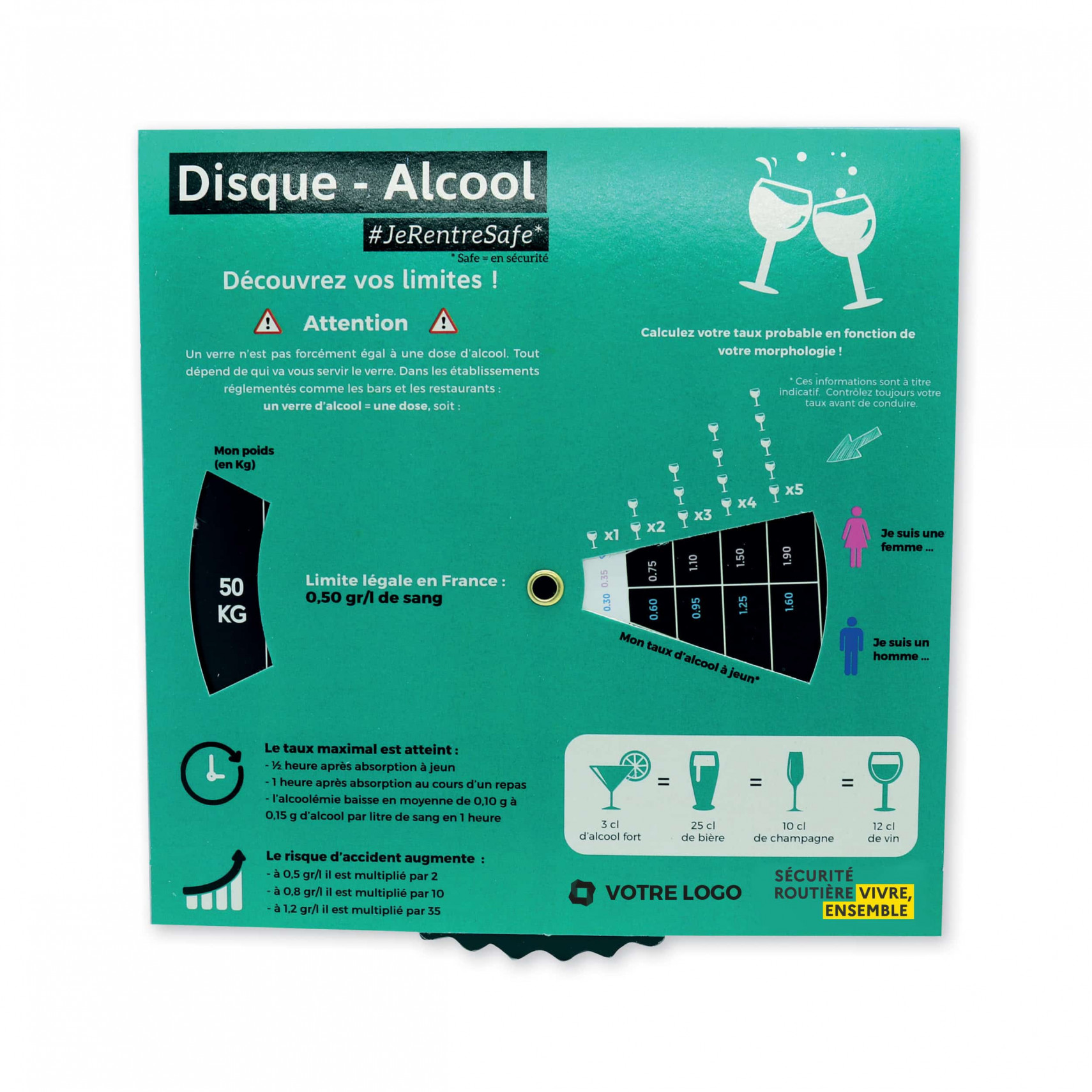 Disque de stationnement Alcoodisque© pédagogique prévention alcool  personnalisé