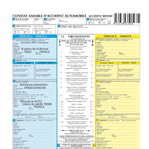 Constat amiable pré-rempli personnalisé