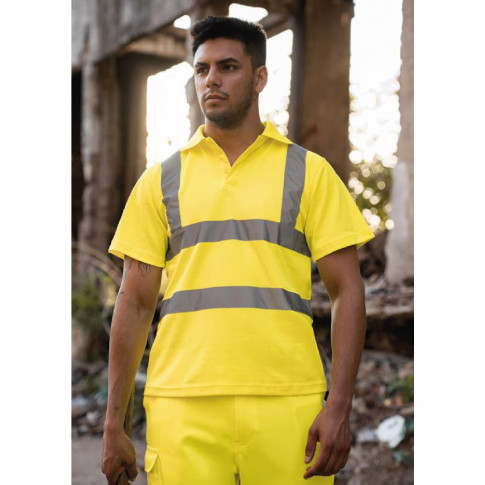 Personalisierbares Unisex-Polohemd mit reflektierenden Streifen gemäß EN 20471