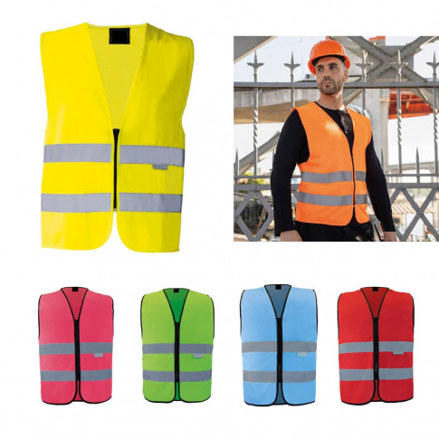 Gilet de sécurité à fermeture bicolore rouge et jaune fluo personnalisé