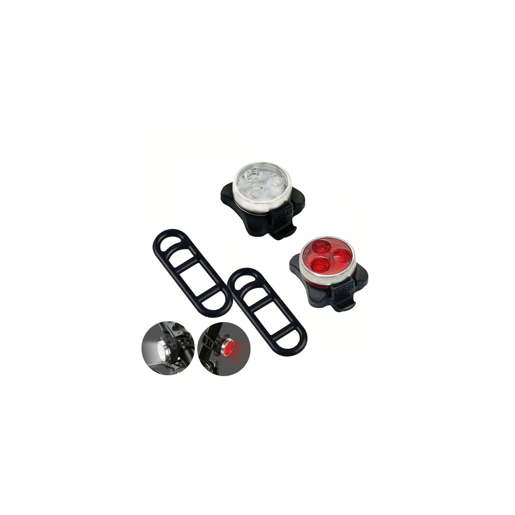 Kit éclairage Vélo BORUIT Avant/arrière Rechargeable USB – LED Aluminium – Noir