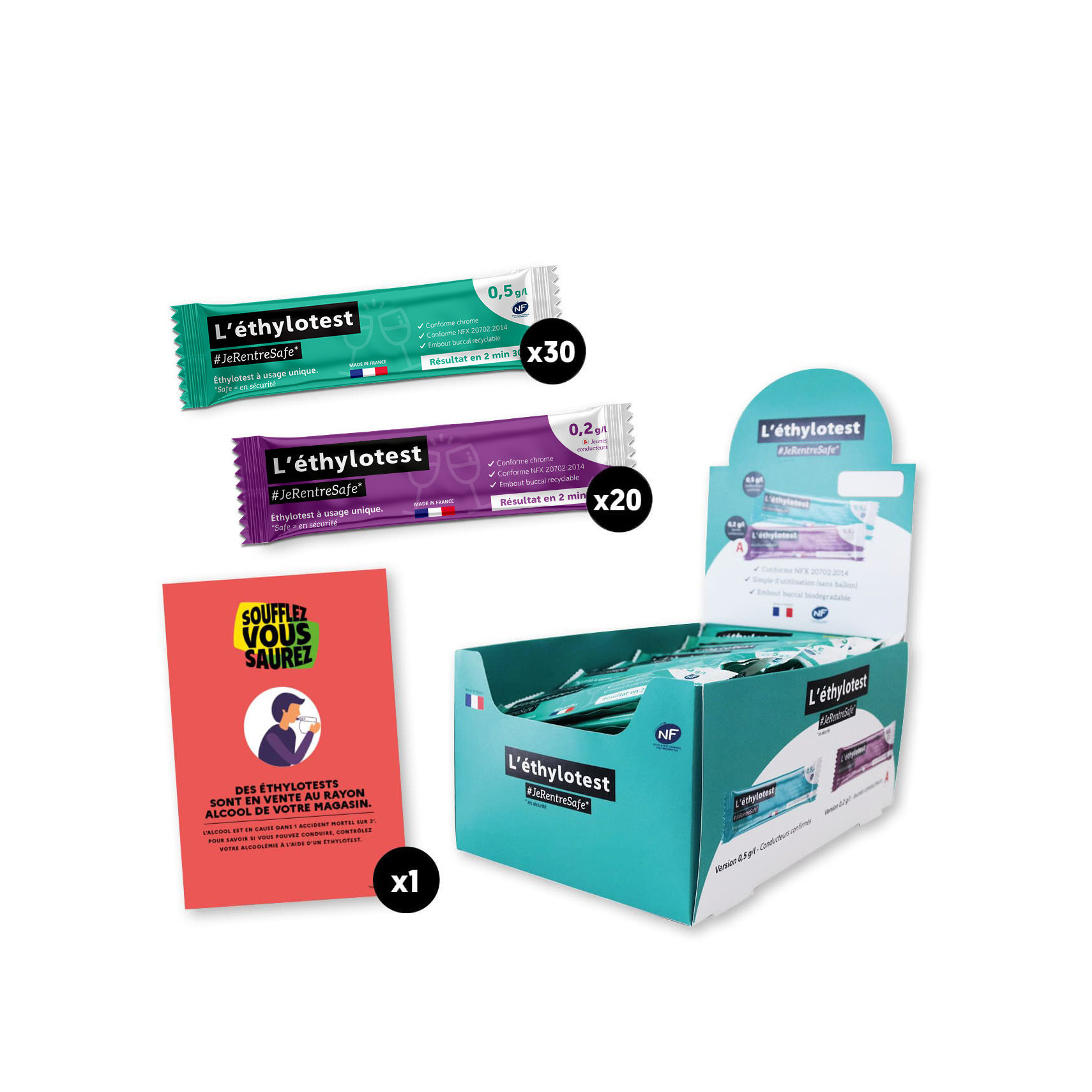 HOMESOFT ETHYLOTEST Contralco NF X 20702 - Lot De 50 Ethylotests Sans Chrome - Taux 0,5g