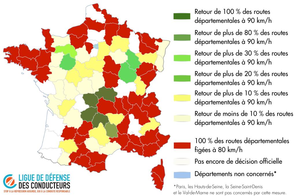 Carte des limitations de vitesse 80km/h en France