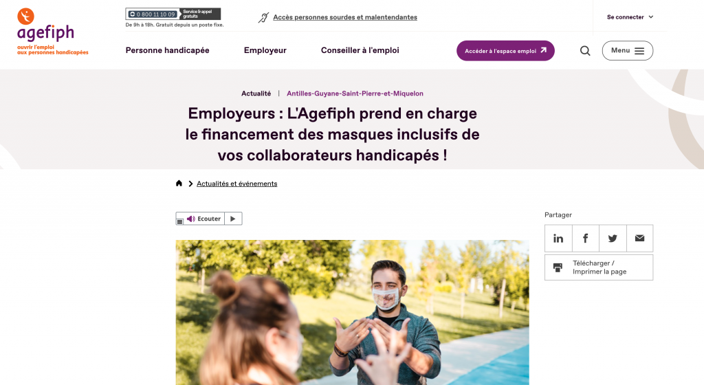 Prise en charge du masque inclusif par l'Agefiph