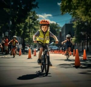 Enfant entrain de faire le parcours bloc 1 savoir rouler à vélo