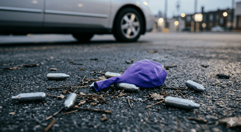 bonbonnes et ballon de protoxyde d'azote sur un parking près d'une voiture